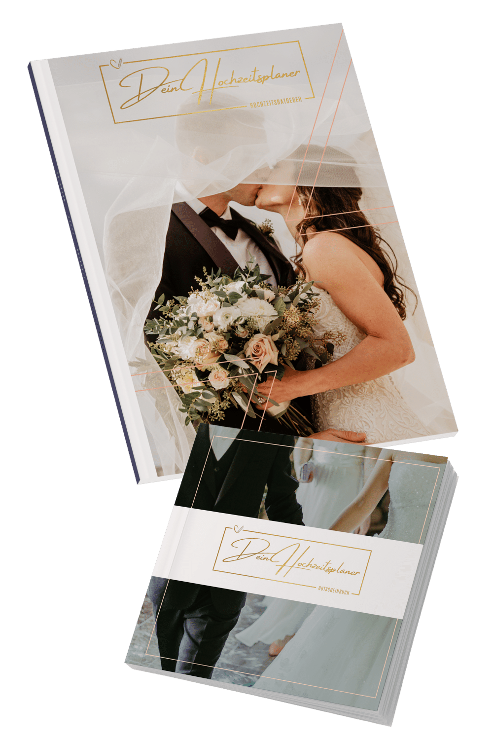 Aufgeklapptes Gutscheinbuch von Dein Hochzeitsplaner mit Vorder- und Rückseite